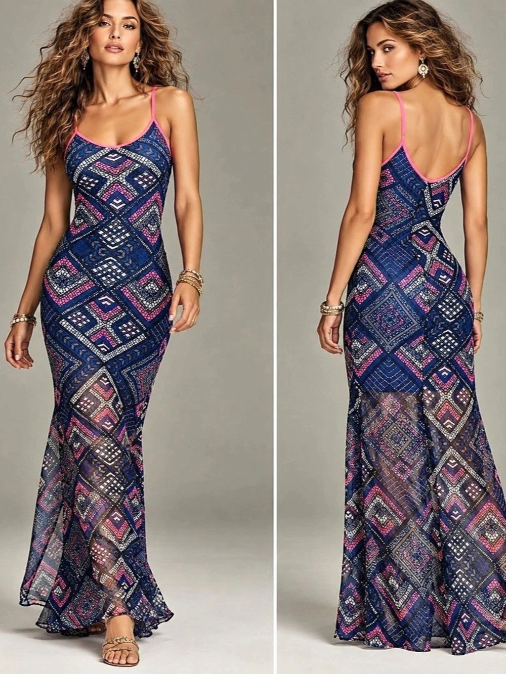 Geometric Maxi Dress in Blue & Pink Like New